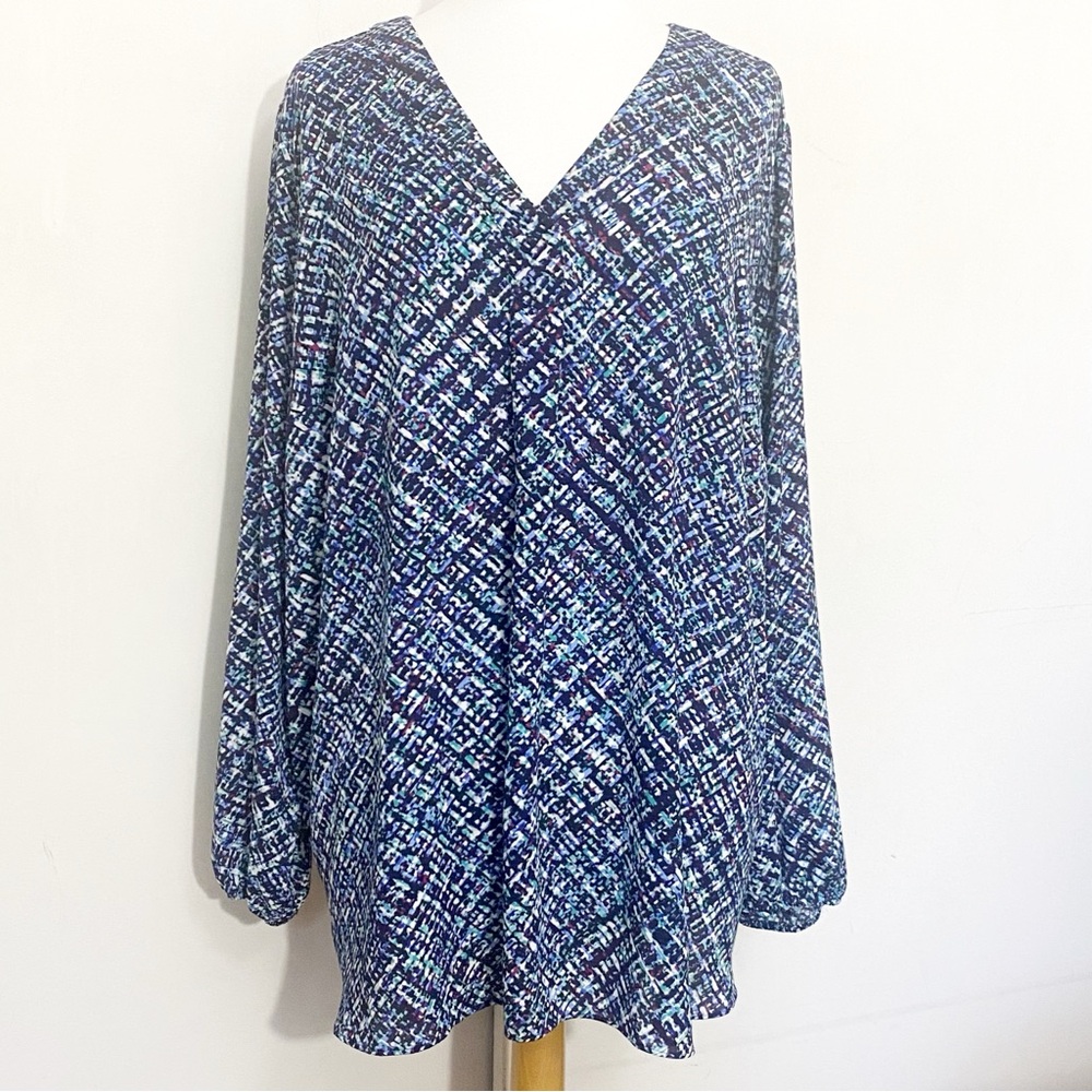 Apt.9 Women's V-Neck Balloon Sleeve Solid Back Blue Patterned Top 3X